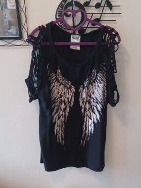 Vocal Black/Creme Wings Cut out Hollow Out Short Sleeve Cotton Tee XL